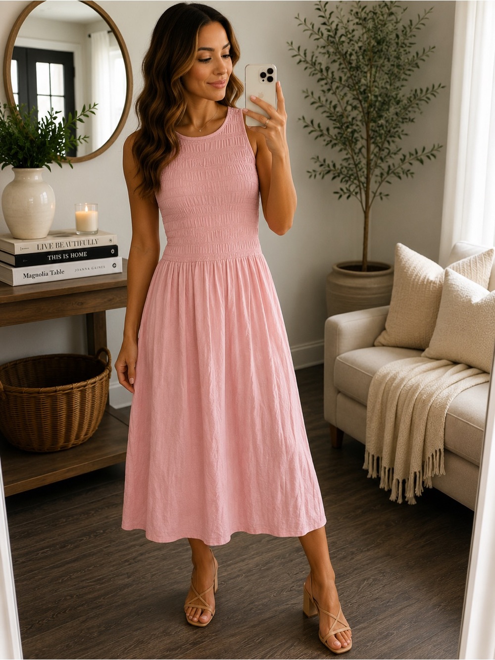 Blush Pink Sleeveless Textured Midi Dress Size s